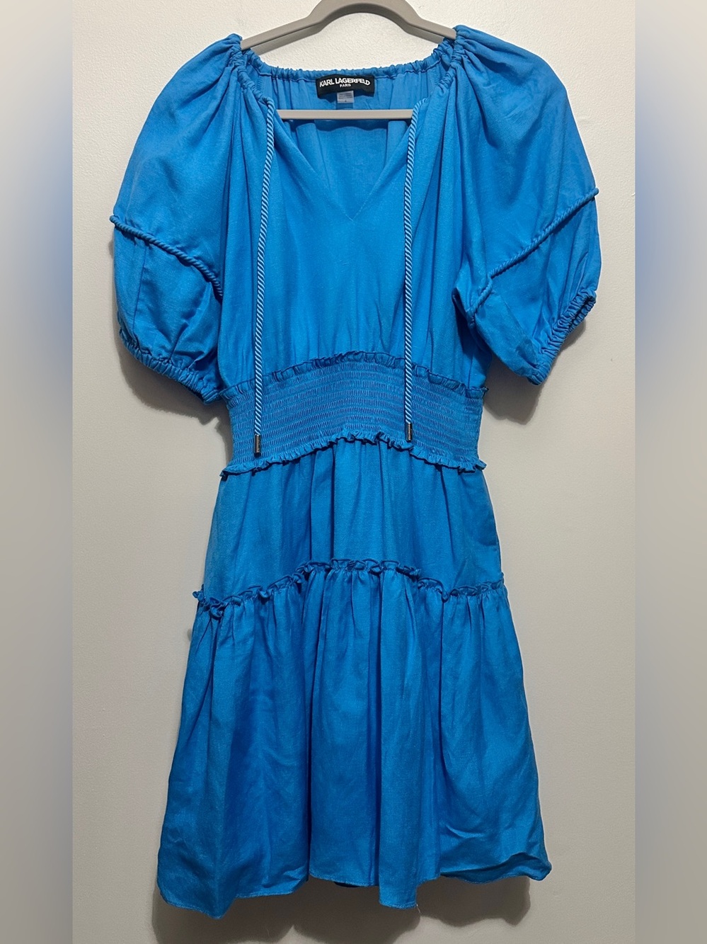 Karl Lagerfeld Paris Blue Tiered Dress Linen Blend Above Knee Size 6 Boho